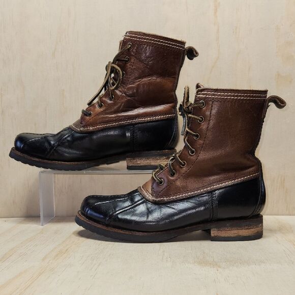 Frye Veronica Brown Black Duck Boots Leather Shearling Mid Calf Women 7.5 - Picture 1 of 11